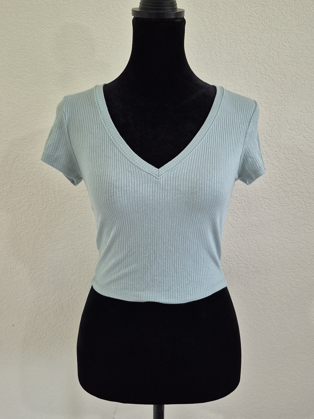 Light Green Blue Ribbed V-Neck Women's Top